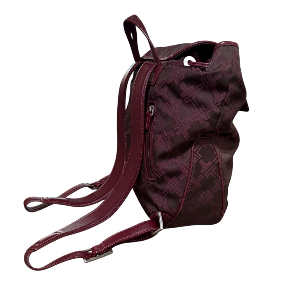 Tumi Burgundy Monogram Nylon Backpack Tote Leather Trim Travel Bag Medium - Picture 2 of 13